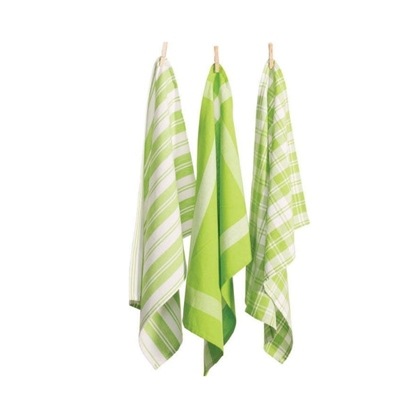 Three lime green tea towels hanging on clotheslines, showcasing elegant designs and absorbent cotton for kitchen utility.